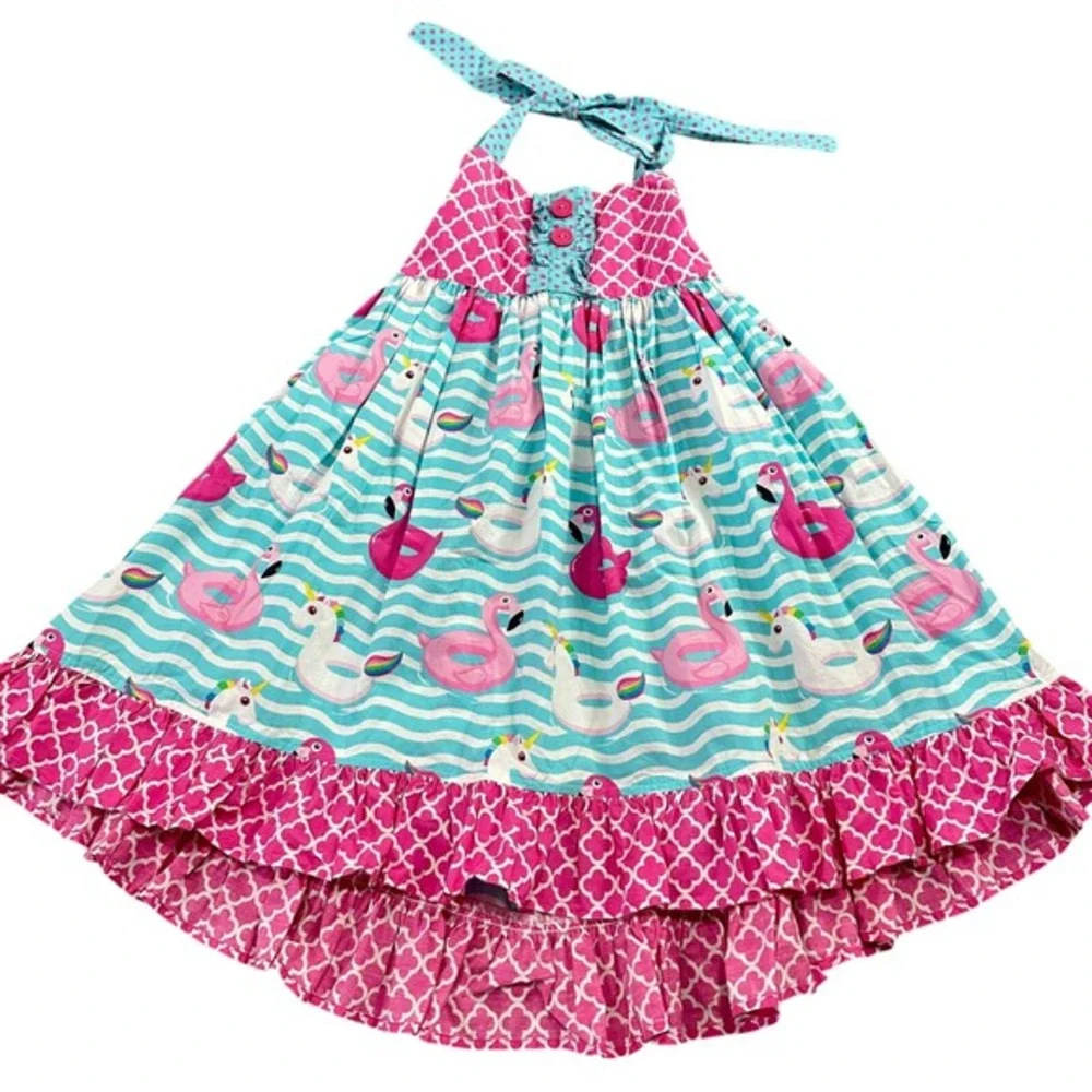 Eleanor Rose Daphne Dress Girls Size 7-8 Pink Teal Flamingo Unicorn Halter